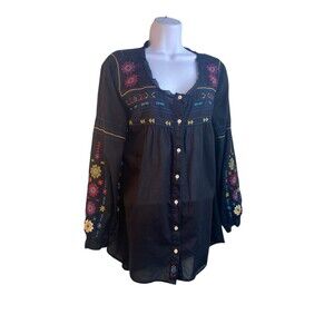 Johnny Was  Embroidered  Tunic Size Medium  Black Cotton Long Sleeves #115686